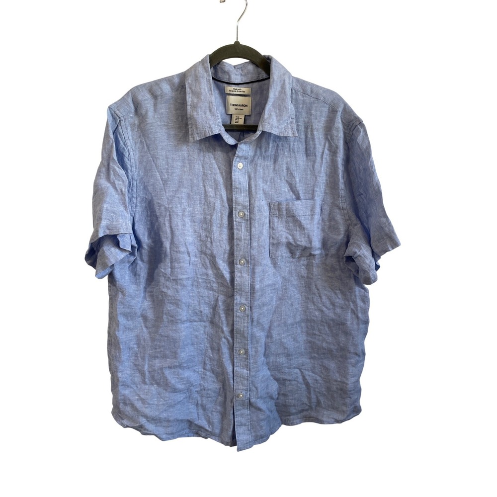 Thom Aaron Mens XL Light Blue 100% Linen Short Sleeve Button Down‎ Shirt Beachy